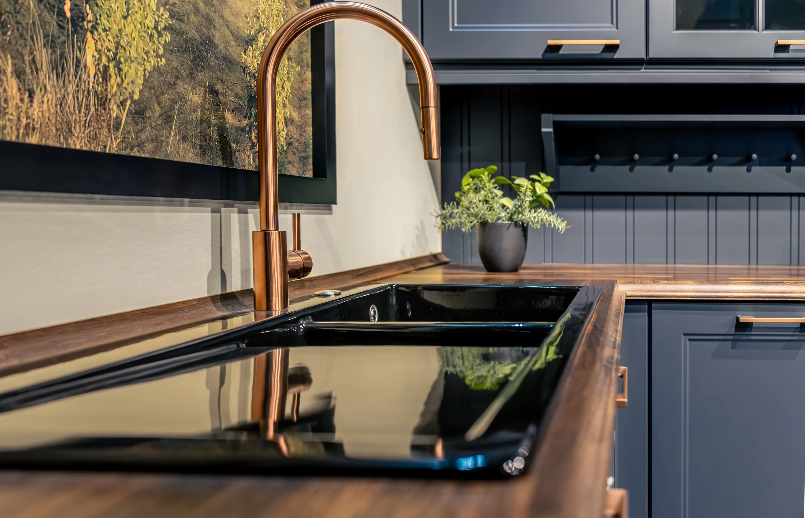 modern kitchen interior with blue cabinets workspace with copper tap black sink scaled Keuken