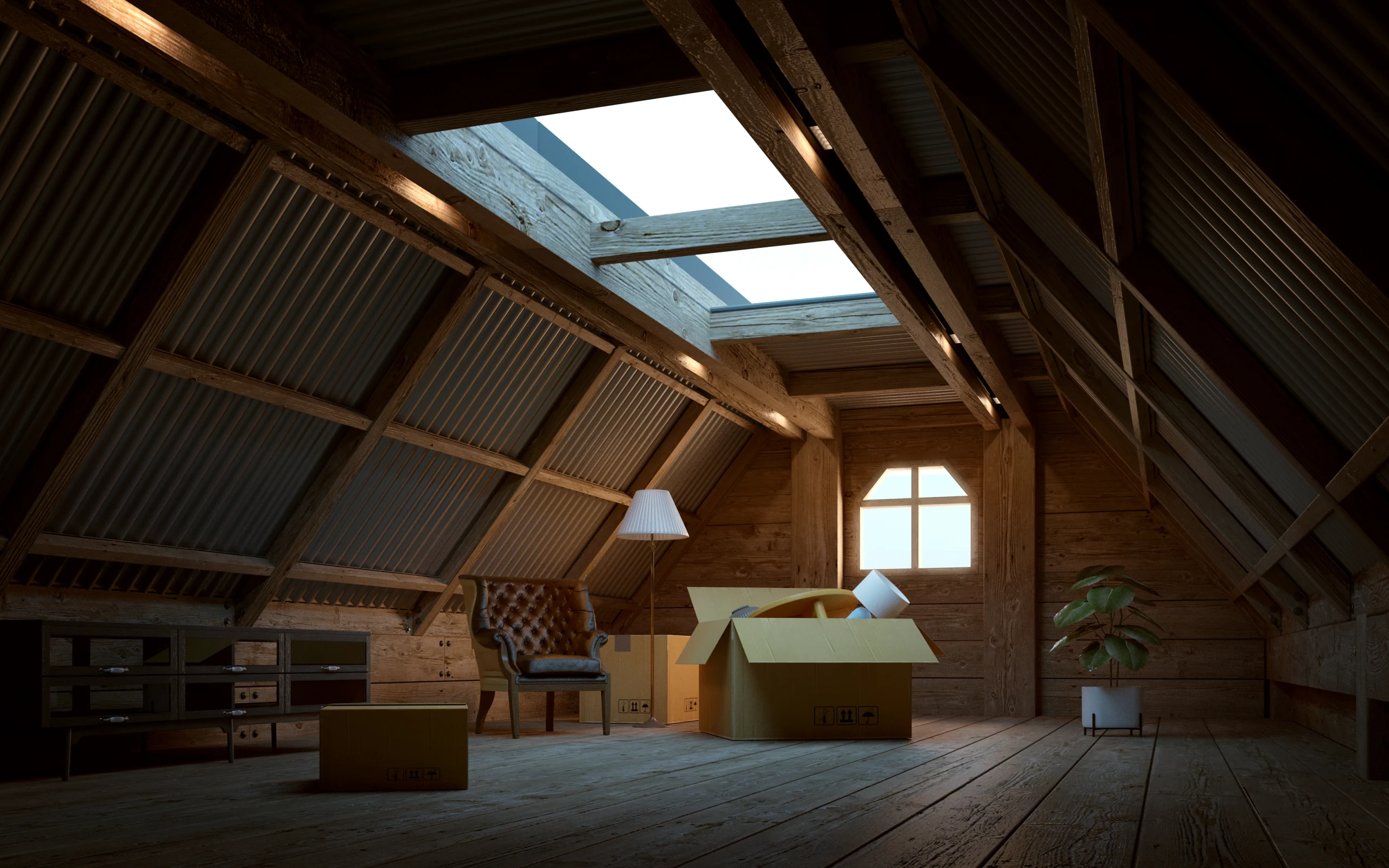 wooden attic structure with skylight furniture boxes3d rendering scaled Zolderverbouwing