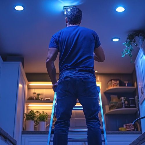 Elektriciens monteren LED-verlichting in keukenkasten