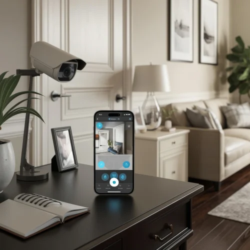 Beveiligingscamera in woonkamer met smartphone-bediening